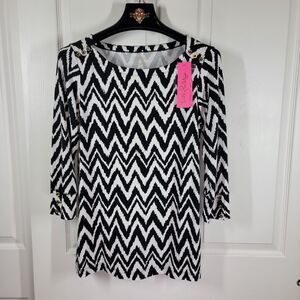 Lilly Pulitzer Sophie Blouse Sol Safe UPF +50 Sz LG 3/4 Get Your Chev On NWT